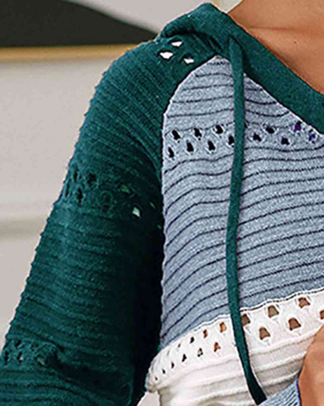 Color Block  Drawstring Hooded Sweater