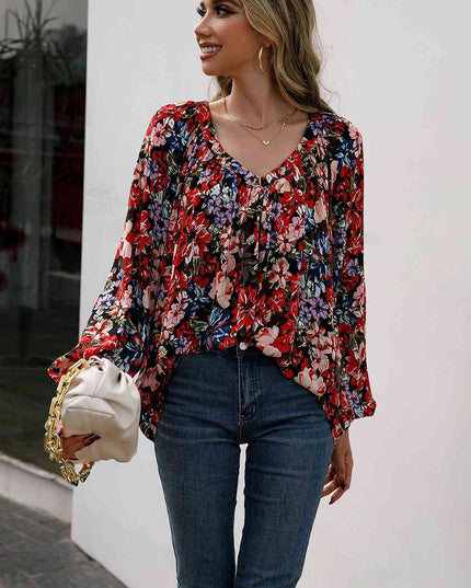 Floral Print Balloon Sleeve Ruched Blouse