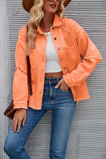 Raw Hem Pocketed Button Up Denim Jacket
