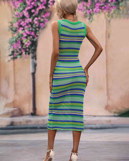 Striped Round Neck Sleeveless Midi Cover Up Dress