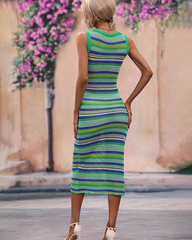 Striped Round Neck Sleeveless Midi Cover Up Dress