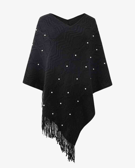 Pearl Trim V-Neck Fringe Hem Poncho