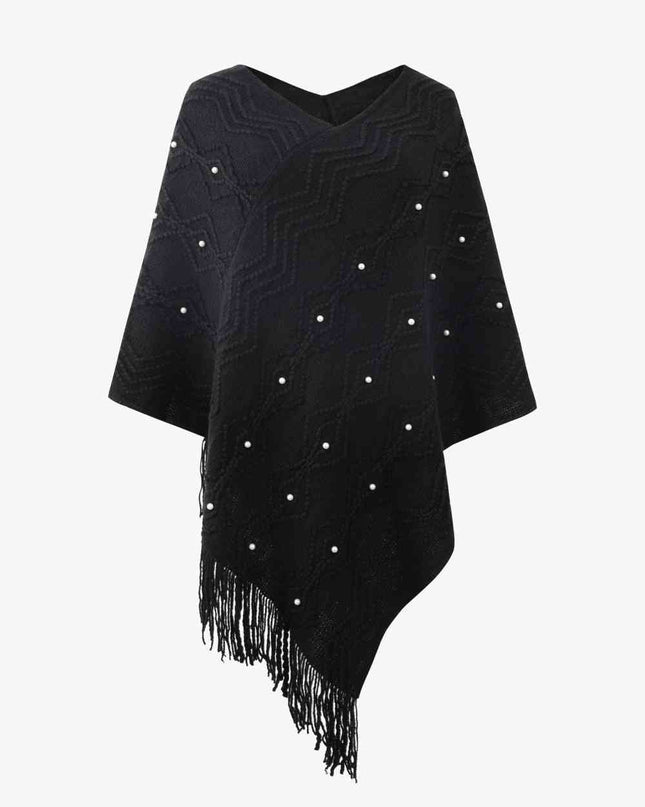 Pearl Trim V-Neck Fringe Hem Poncho