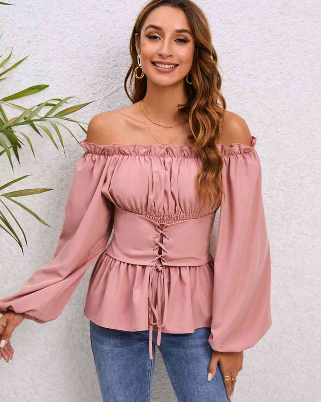 Lace-Up Balloon Sleeve Off-Shoulder Blouse