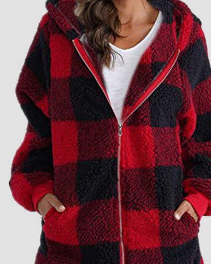 Plaid Zip Up Hooded Jacket with Pockets