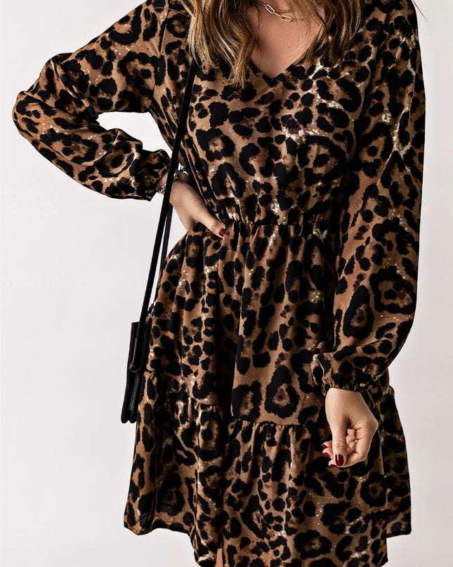 Leopard V-Neck Balloon Sleeve Tiered Dress