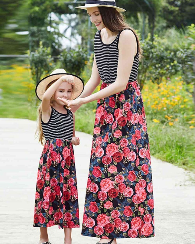 Women Striped Floral Spliced Dress
