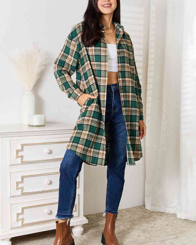 Double Take Plaid Collared Neck Long Sleeve Shirt