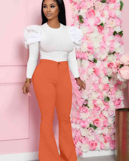Leg-Of-Mutton Sleeve Top and Flare Pants Set