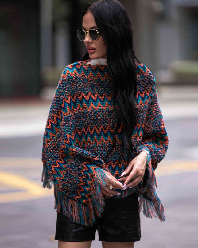 Fringe Hem Boat Neck Poncho