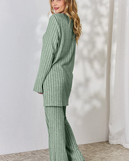 Basic Bae Full Size Ribbed High-Low Top and Wide Leg Pants Set