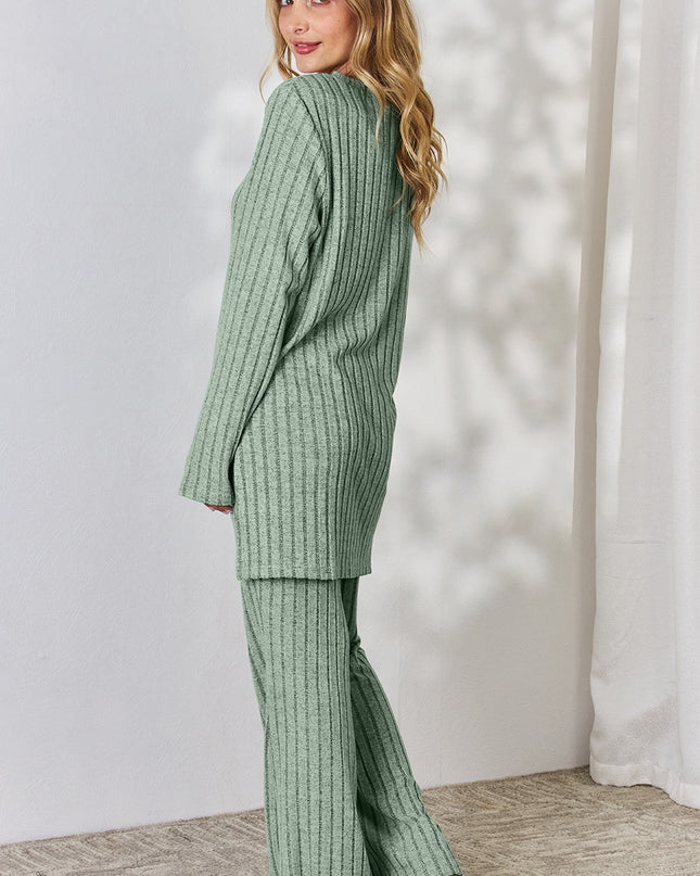 Basic Bae Full Size Ribbed High-Low Top and Wide Leg Pants Set