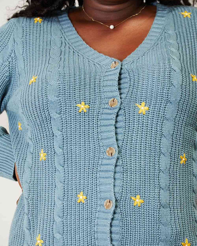 HEYSON Full Size Floral Embroidered Cable Cardigan