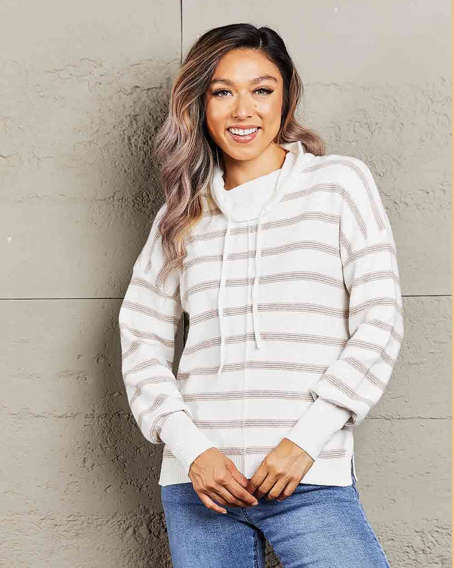 Double Take Cowl Neck Drawstring Dropped Shoulder Striped Print Blouse