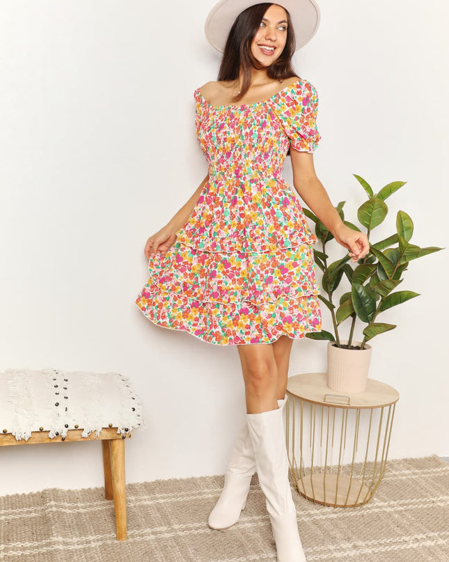 Double Take Smocked Sweetheart Neck Flounce Sleeve Mini Dress