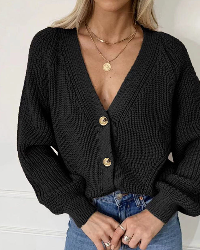 Button Up V-Neck Long Sleeve Cardigan