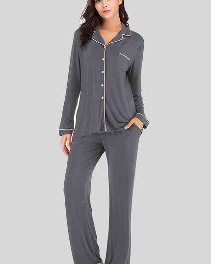 Collared Neck Long Sleeve Loungewear Set with Pockets