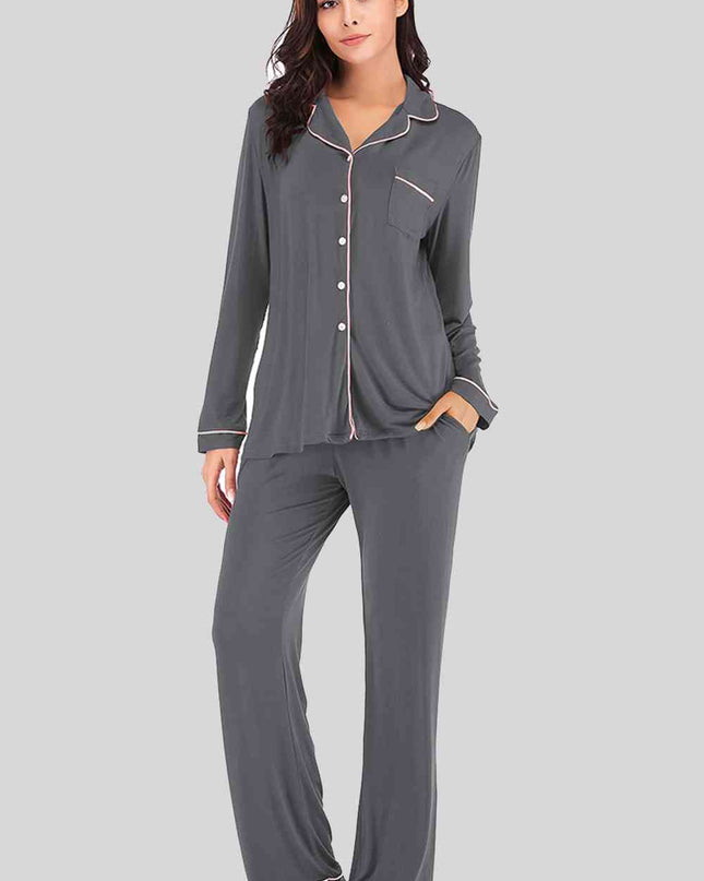 Collared Neck Long Sleeve Loungewear Set with Pockets