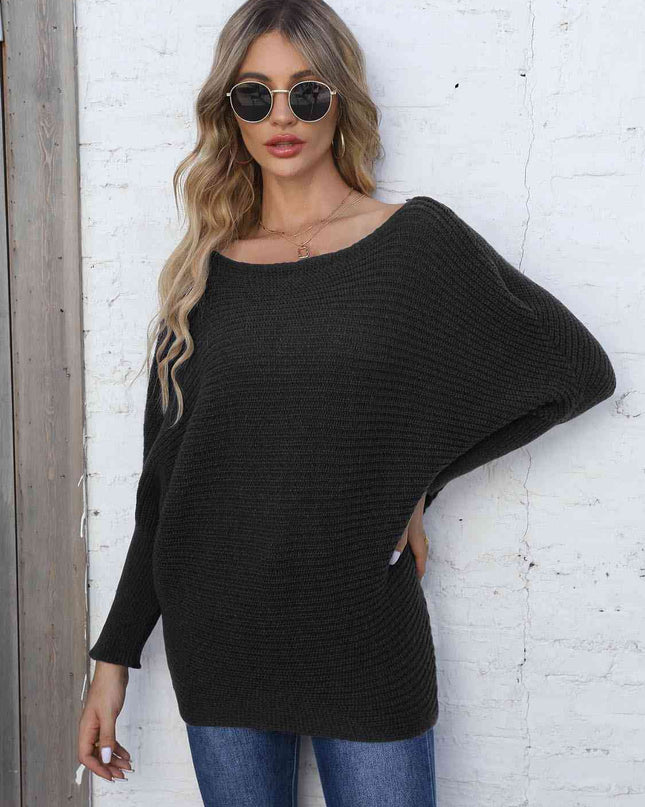 Full Size Horizontal Ribbing Dolman Sleeve Sweater