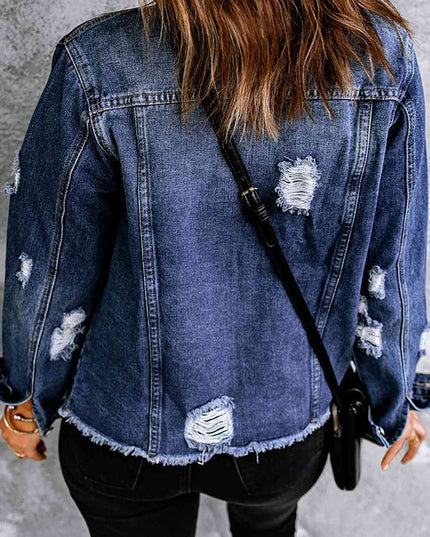 Mixed Print Distressed Button Front Denim Jacket
