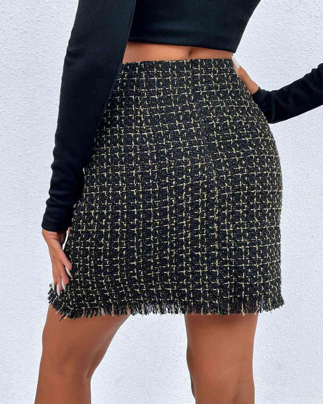 Plaid Double-Breasted Fringe Hem Skirt