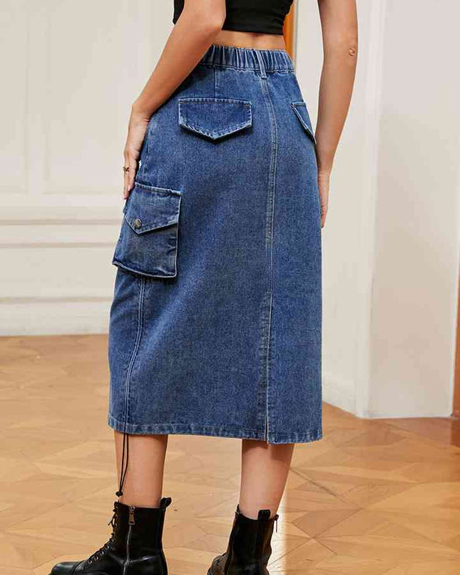 Drawstring Denim Skirt with Pockets