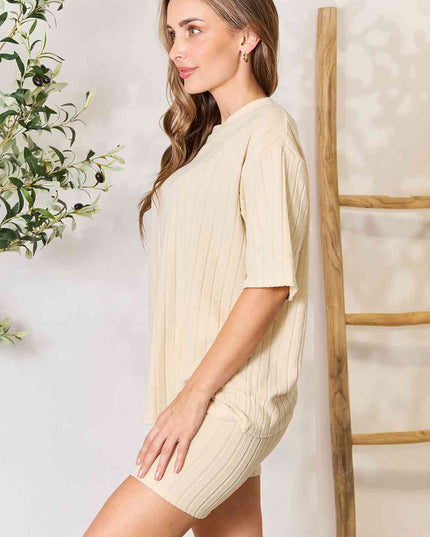 Basic Bae Ribbed Round Neck Top and Shorts Lounge Set