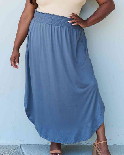 Doublju Comfort Princess Full Size High Waist Scoop Hem Maxi Skirt in Dusty Blue
