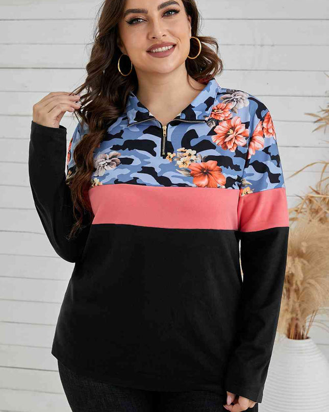 Plus Size Floral Color Block Quarter Zip Top