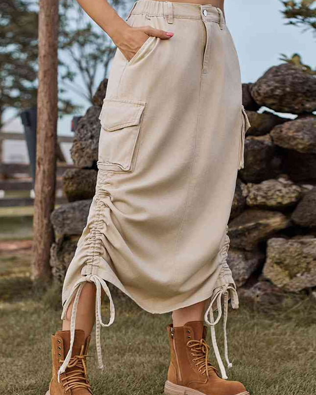 Drawstring Denim Skirt with Pockets