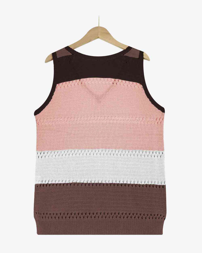 Striped Openwork V-Neck Knit Tank