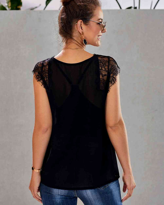 Eyelash Trim Spliced Lace V-Neck Tank