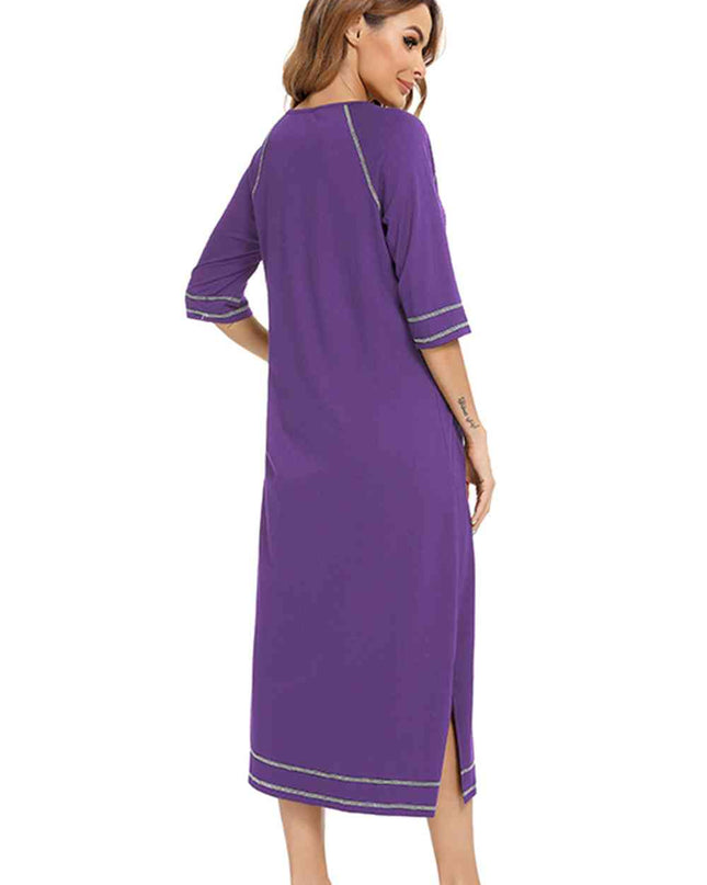 Zip Up Slit Round Neck Night Dress with Pockets