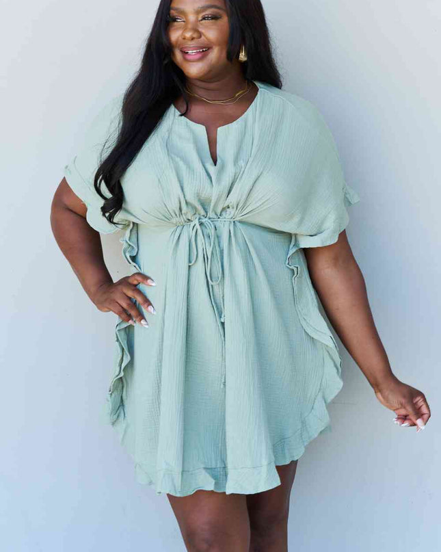 Ninexis Out Of Time Full Size Ruffle Hem Dress with Drawstring Waistband in Light Sage