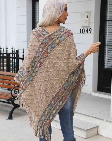 Contrast V-Neck Poncho with Fringes