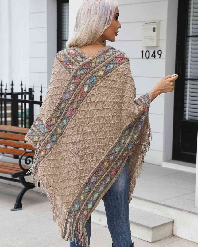 Contrast V-Neck Poncho with Fringes