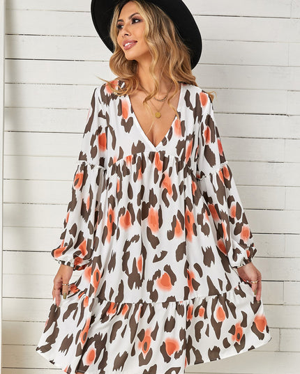 Printed V-Neck Long Sleeve Dress