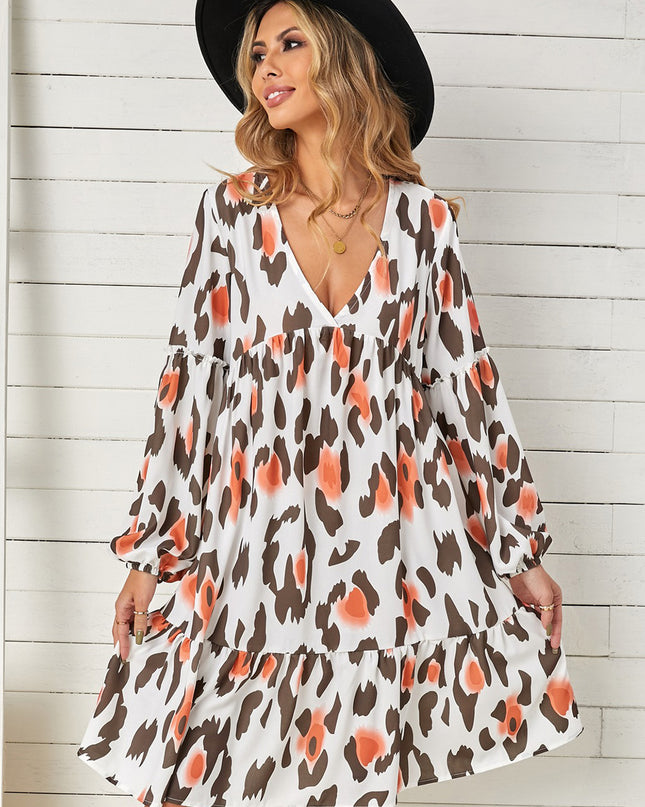 Printed V-Neck Long Sleeve Dress