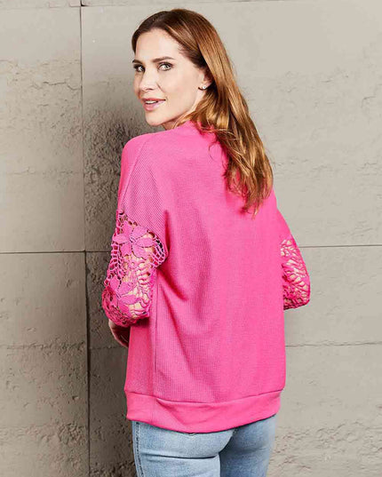 Double Take Dropped Shoulder Openwork Round Neck Sweatshirt