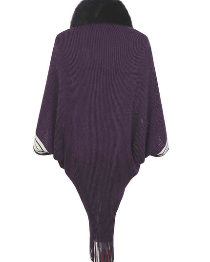 Striped Fringe Detail Long Sleeve Poncho