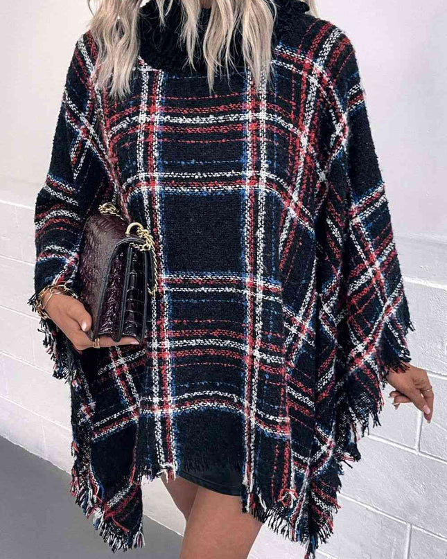 Plaid Turtleneck Fringe Hem Poncho