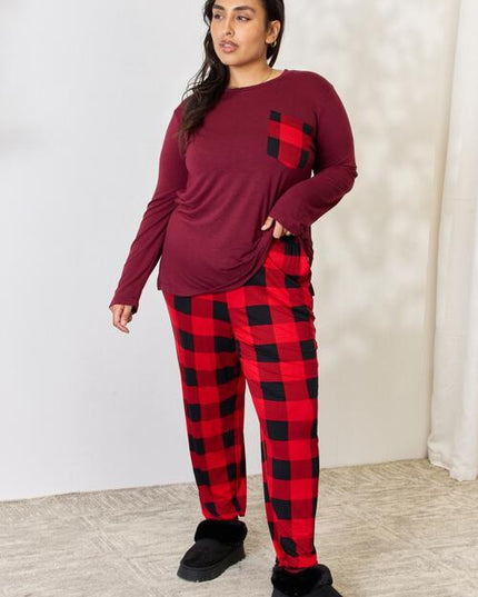 Zenana Full Size Plaid Round Neck Top and Pants Pajama Set