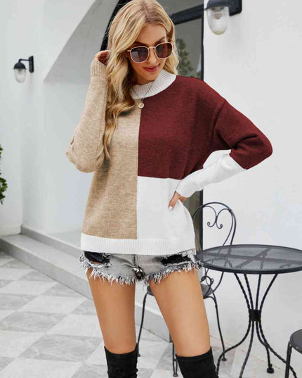 Color Block Dropped Shoulder Ribbed Trim Sweater