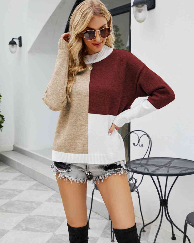 Color Block Dropped Shoulder Ribbed Trim Sweater