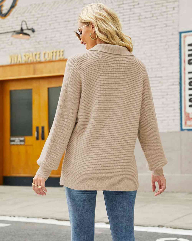 Double Take Horizontal Ribbing Johnny Collar Sweater