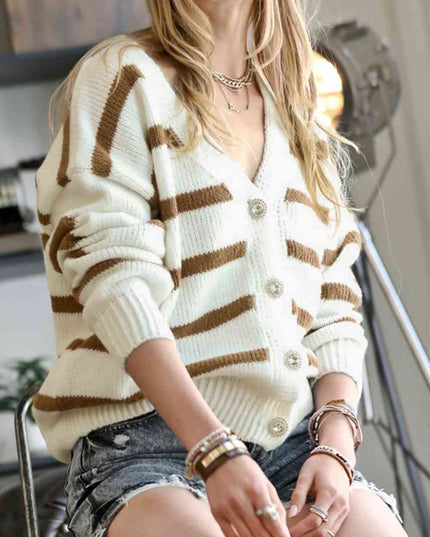 Striped V-Neck Button Down Cardigan