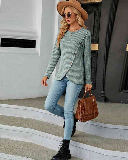 Round Neck Ribbed Button Detail Blouse