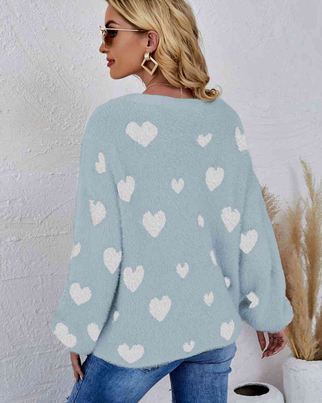 Woven Right Heart Print Fuzzy Crewneck Long Sleeve Sweater