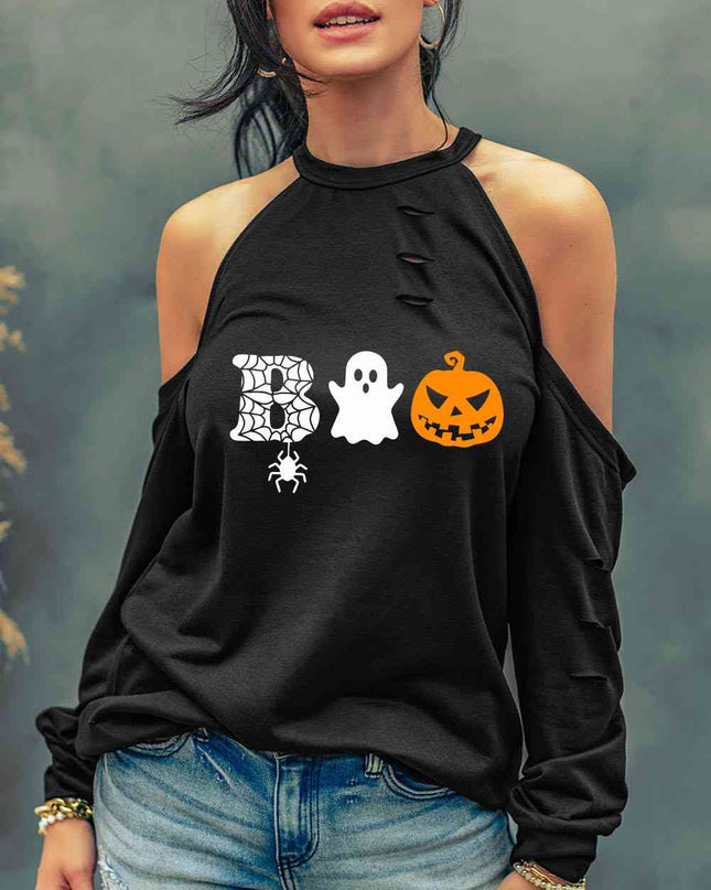 Cold Shoulder Boo Graphic Distressed Blouse
