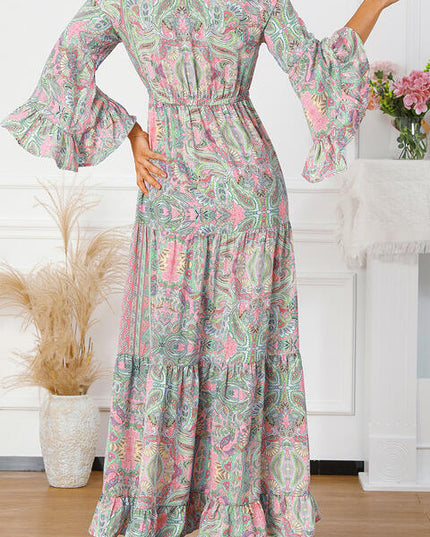 Printed Tassel Tie V-Neck Tiered Dress